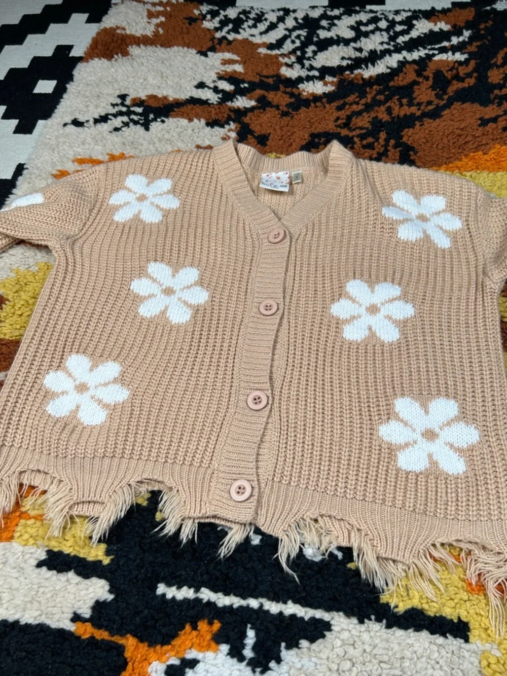 Cool Chick, BELLE du JOUR, distressed flower cardigan!!
